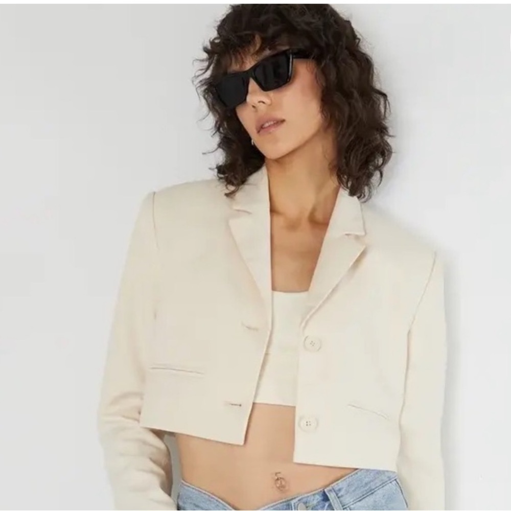 OAK + FORT Cream Cropped Suit Jacket  - Modern Chic - Neutral - Size S